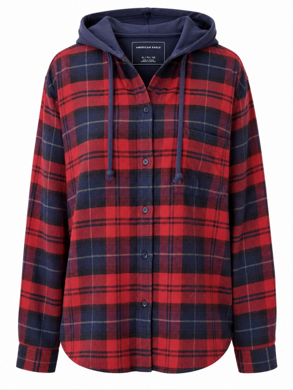 AMERICAN EAGLE | Red Navy Plaid Hooded Flannel Shirt Shacket Outdoors | XL